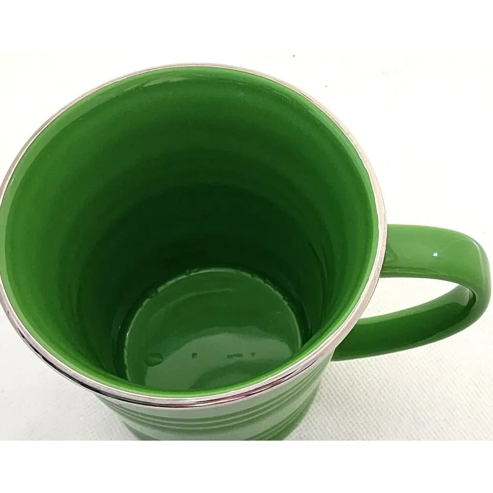 Starbucks 2007 Green Ceramic Coffee Mug 14 oz Silver Rim Ribbed Vintage Cup